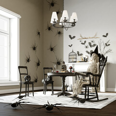 Modern Halloween living room interior. A skeleton in a witch's hat at the festive table. 3d...