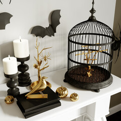 Modern Halloween living room interior. 3d rendering. The white shelf is festively decorated with a...