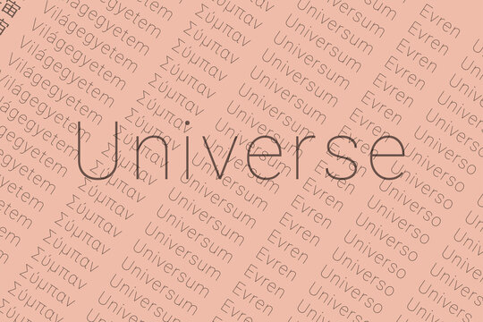 Word Universe in languages of world. Logo Universe on Zinnwaldite color