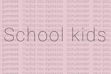 Word School kids in languages of world. Logo School kids on Krayola Thistle color