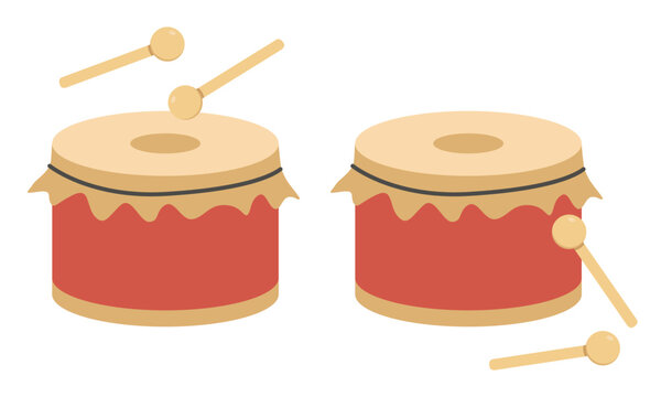 Red Drum And Wooden Drum Sticks Vector Design. Simple Big Drum Flat Style Illustration Isolated On White. Percussion Family Musical Instrument Cartoon Style. Chinese Lion Dance Concept