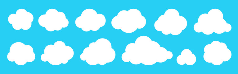 Abstract white flat clouds set isolated on blue sky background. Different shapes fluffy cloud icon symbol collection. Cute cartoon think speech bubble template. Network web banner concept clipart