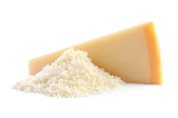 Whole and grated parmesan cheese on white background