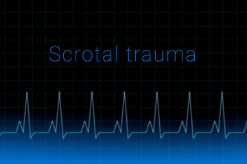 Scrotal trauma disease. Scrotal trauma logo on a dark background. Heartbeat line as a symbol of human disease. Concept Medication for disease Scrotal trauma.