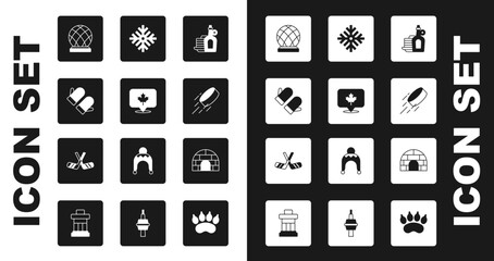 Set Syrup with pancakes, Canadian maple leaf, Christmas mitten, Montreal Biosphere, Hockey puck, Snowflake, Igloo ice house and Ice hockey sticks icon. Vector