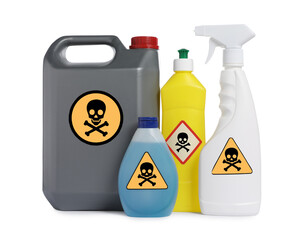 Bottles of toxic household chemicals with warning signs on white background