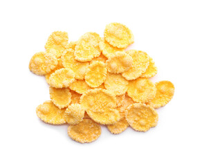 Pile of tasty corn flakes on white background, top view