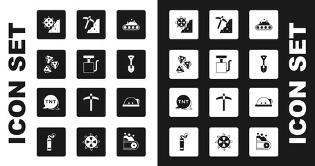 Set Conveyor belt carrying coal, Handle detonator, Gem stone, Bucket wheel excavator, Shovel, Pickaxe, Miner helmet and Dynamite icon. Vector