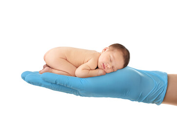 Surrogacy concept. Doctor holding adorable newborn baby on white background, closeup