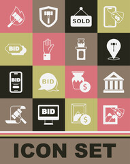 Set Auction painting, Museum building, hammer, sold, Hand holding auction, Bid, and ancient vase icon. Vector