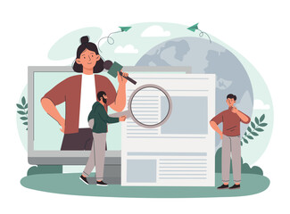 Newspaper on internet. Mass media share information online. Characters get acquainted with latest events. Reporter with microphone broadcasting, global news. Cartoon flat vector illustration