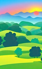 Countryside meadow rolling green hills fields mountain summer landscape, bright color blue sky, country background in cartoon style flat illustration