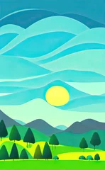  Summer fields Mountain Range Summer landscape, green hills, bright color blue sky, country background in cartoon style flat illustration © Rick