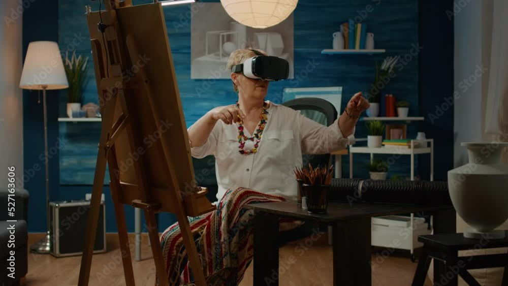 Aufkleber senior artist using vr glasses with augmented reality to draw vase and create artistic masterpiece o