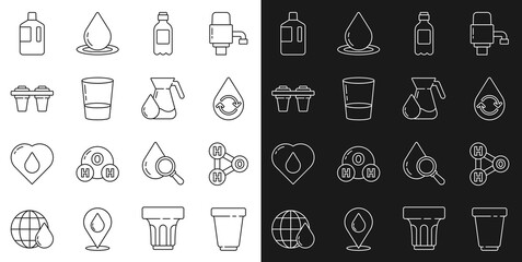 Set line Water filter cartridge, Chemical formula for H2O, Recycle clean aqua, Bottle of water, Glass with, Big bottle and Jug glass icon. Vector