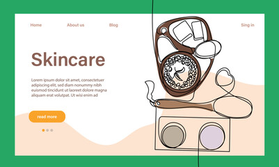 Skin care concept. Landing page template. Morning routine. Bath time. Organic products for scrubbing and body skin care with natural herbal skin care products, top view. Vector illustration