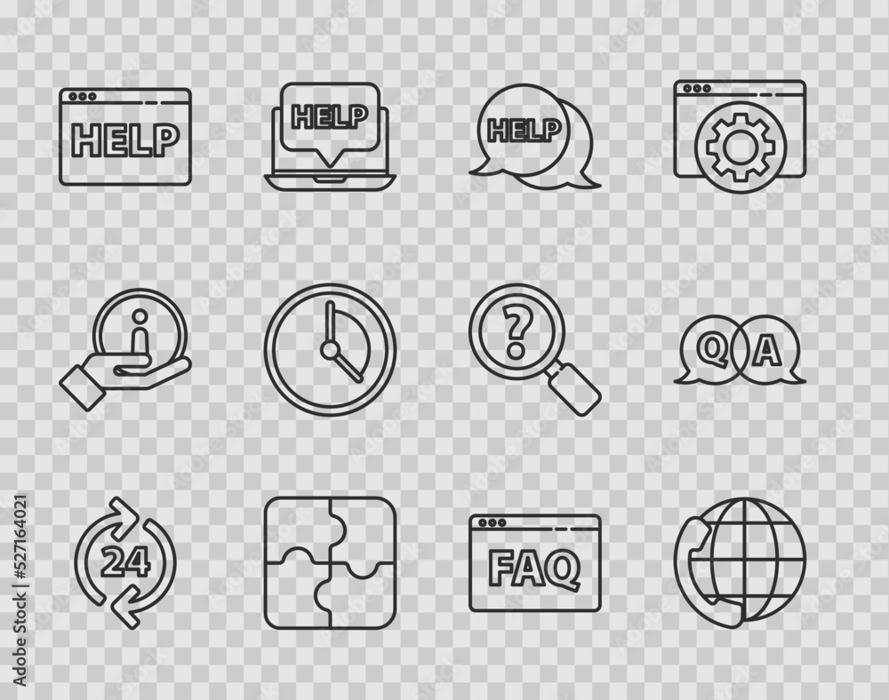Poster set line telephone 24 hours support, speech bubble with text help, piece of puzzle, browser help, ti