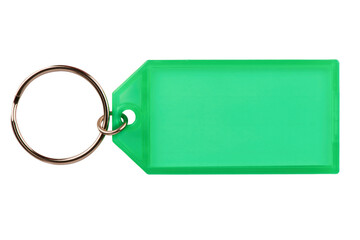 Keyring with a blank label for identification, isolated on white background. Cut out.