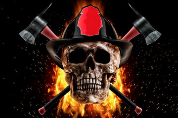 Firefighter skull and axe in fire on a black background. Photo manipulation artwork, 3D rendering. - 527164058