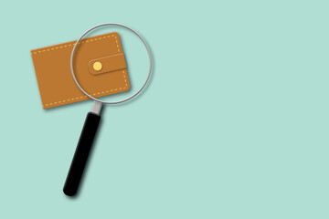 Magnifying glass or magnifier focusing on brown wallet on pastel green background. Concept of investment, solution, research, searching or discovery. copy space. illustration of 3d design style.