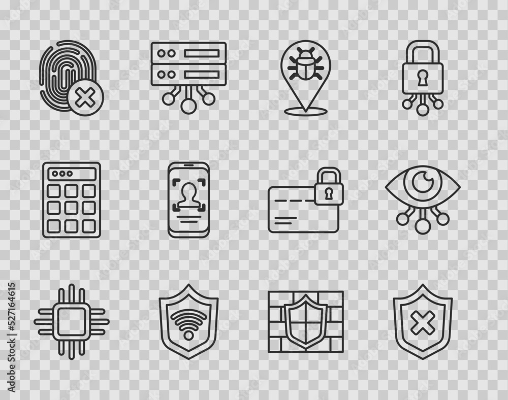 Poster set line processor with microcircuits cpu, shield cross mark, system bug, wifi wireless, cancelled f