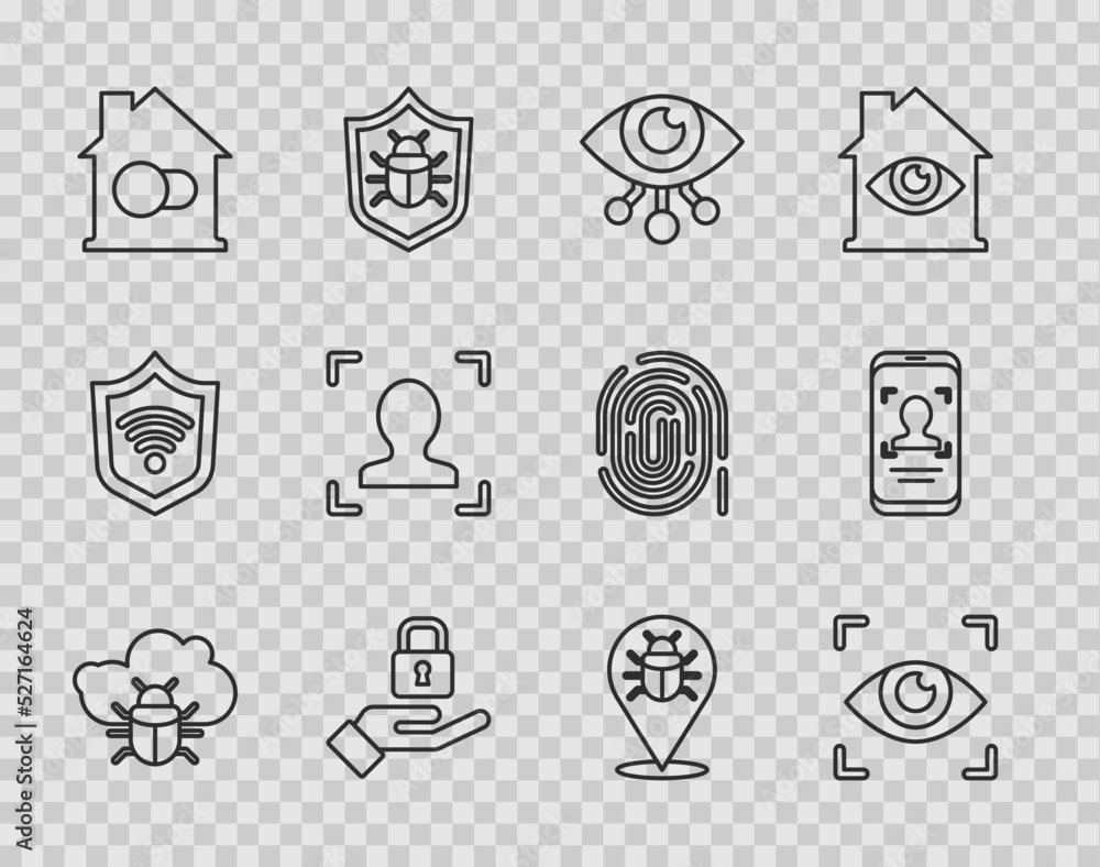 Poster set line system bug on a cloud, eye scan, lock in hand, smart home, face recognition, and mobile fac
