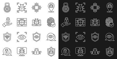 Set line System bug, Eye scan, Fingerprint, Processor with microcircuits CPU, Shield brick wall, Lock hand, Safe combination lock and monitor icon. Vector