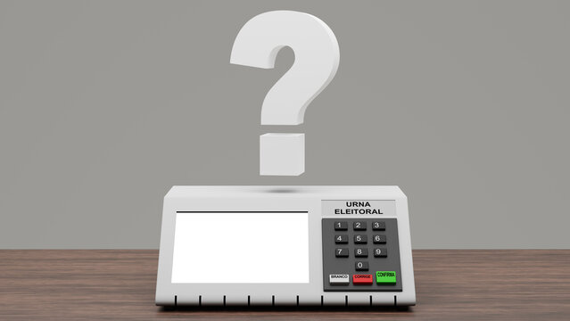 renderiza&ccedil;&atilde;o 3d de urna eletr&ocirc;nica com tela branca sobre mesa de madeira, e com ponto de interroga&ccedil;&atilde;o branco em cima, e escritas em portugu&ecirc;s: "urna eleitoral", "branco", "corrige" e "confirma"