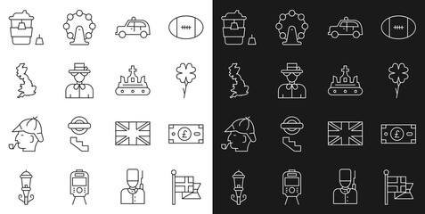 Set line England flag on flagpole, Pound sterling money, Four leaf clover, Taxi car, Queen Elizabeth, map, Coffee cup to go and British crown icon. Vector - obrazy, fototapety, plakaty