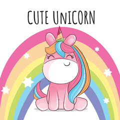 Flat cute animal unicorn on the rainbow illustration for kids. Cute unicorn character
