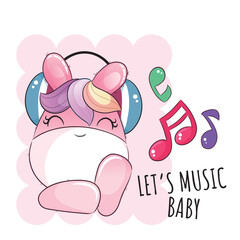 Flat cute animal unicorn happy with music illustration for kids. Cute unicorn character
