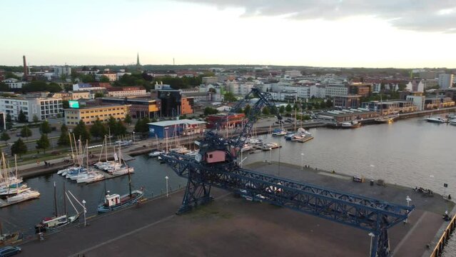 Rostock Harbour Blue Crane - Sunset - drone