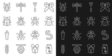 Set line Fireflies bugs in a jar, Worm, Chafer beetle, Fly swatter, Beetle, deer and icon. Vector