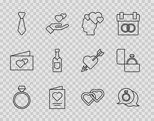 Set line Diamond engagement ring, Head with heart, Greeting card, Tie, Champagne bottle, Two Linked Hearts and icon. Vector