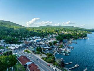 Panoramic aerial view of Lake George New York popular summer vacation destination with colonial wooden fort William Henry