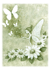 花と妖精と蝶　手描きイラスト　緑