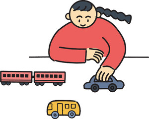 車や電車のおもちゃで遊ぶ女の子