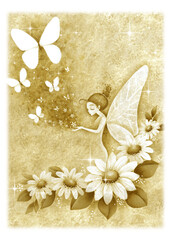 花と妖精と蝶　手描きイラスト　黄