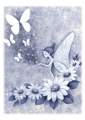 花と妖精と蝶　手描きイラスト　青