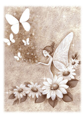 花と妖精と蝶　手描きイラスト　ピンク