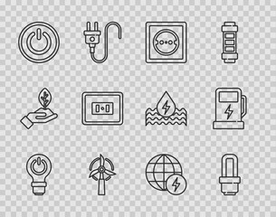 Set line Light bulb with lightning, LED, Electrical outlet, Wind turbine, Power button, Global energy power planet and car charging station icon. Vector