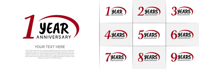 set of anniversary with red swoosh and black number for celebration event
