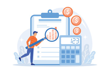 Audit service assistance. Financial report, bookkeeping analysis, company finances management. Financier making corporate expenses assessment. flat vector modern illustration - obrazy, fototapety, plakaty