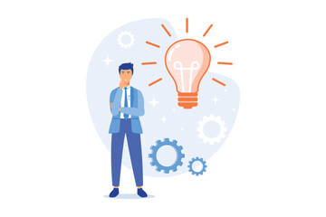 Business idea generation. Plan development. Pensive man with lightbulb cartoon character. Technical mindset, entrepreneurial mind, brainstorming process.