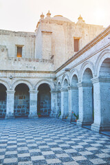 Tourist street in the city center. Arequipa, Peru. Urban landscape. Outdoor cobblestone street