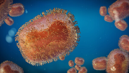 Naklejka premium Monkeypox virus, one of the human orthopoxviruses, pathogen closeup, microbiology background