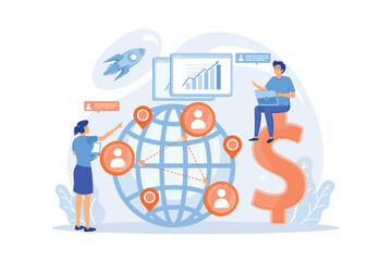 Salespeople team working remotely with customers all over the world and dollar sign. Virtual sales, remote sales method, virtual sales team concept. flat vector modern illustration