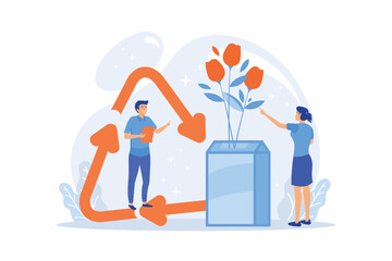 Business people reuse milk carton as vase creatively and upcycling symbol. Upcycling, creative reuse method, ecology recycling trend concept. flat vector modern illustration