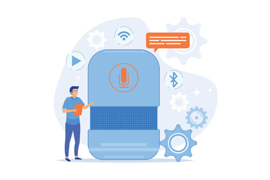 User With Voice Controlled Smart Speaker Or Voice Assistant. Voice Activated Digital Assistants, Home Automation Hub, Internet Of Things Concept. Flat Vector Modern Illustration