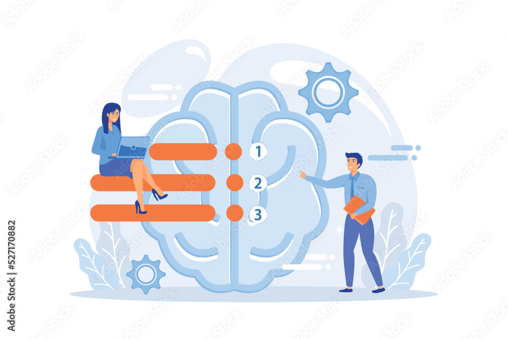 Poster brain with tasks and users with laptops planning. strategy and planning, analyzing, setting goals, b